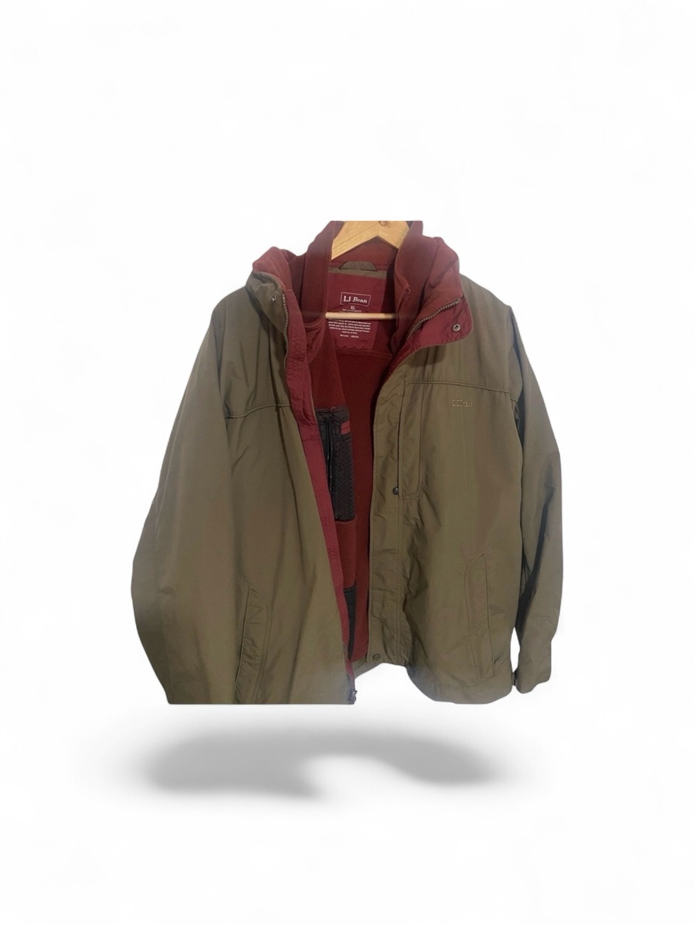 L.L. Bean Olive Green Raincoat with Burgundy Lining